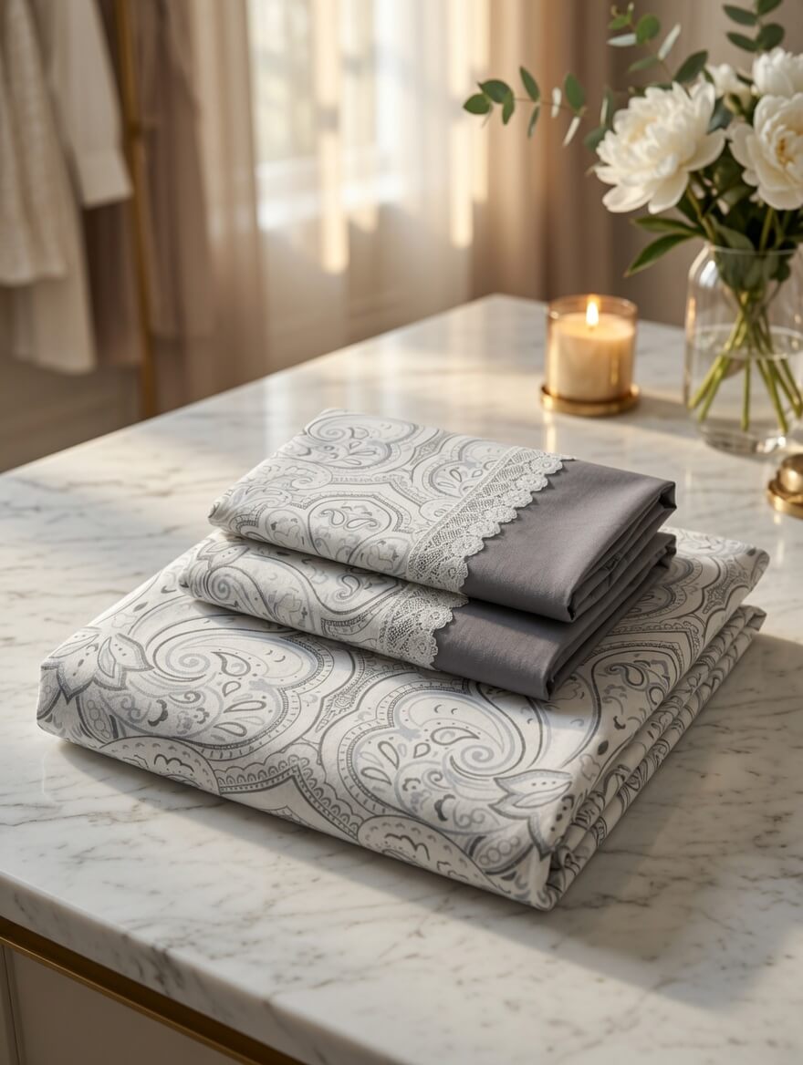 Zeren Threads Grey Paisley Cotton King Size Bedsheet Set with 2 Lace Border Pillow Covers