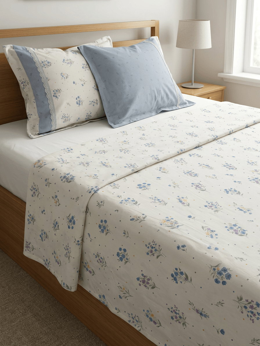Zeren Threads Premium King Size Cotton Bedsheet – Blue Wildflower Elegance