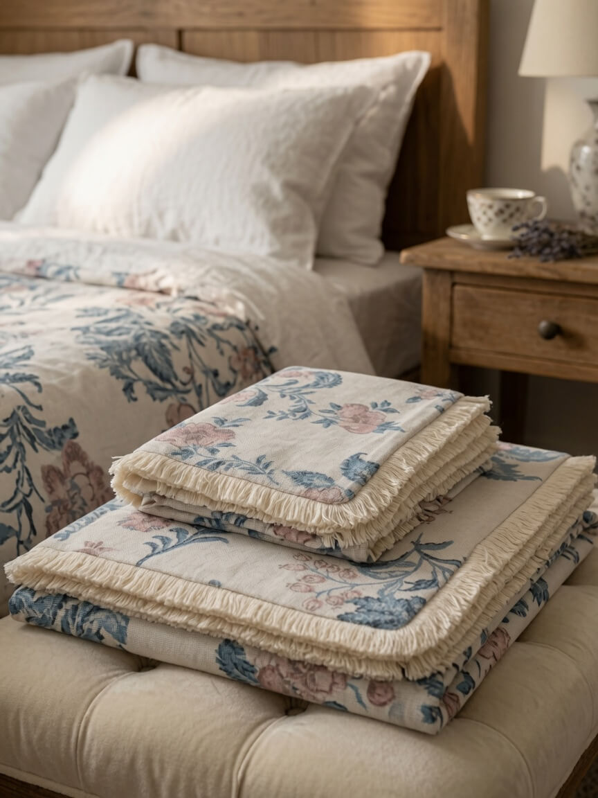 Vintage Blue & Blush Floral Print Large Queen Size Soft Cotton Bedsheet