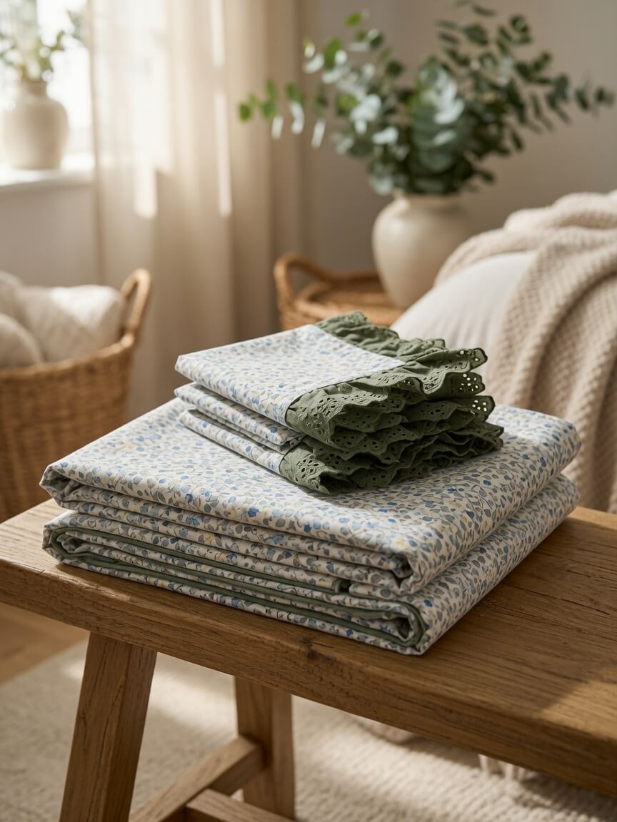 Zeren Threads Floral Print Blue Meadow King Size Cotton Bedsheet with 2 Lace Attached Pillow Covers