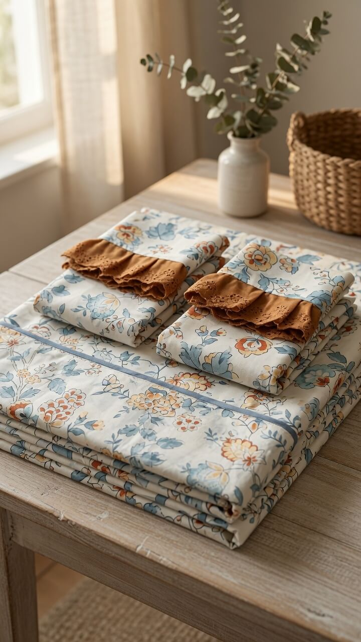 Zeren Threads Elegant Blue & Terracotta Botanical Print King Size Floral Cotton Bedsheet with 2 Lace Border Pillow Covers
