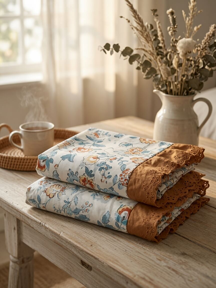 Zeren Threads Elegant Blue & Terracotta Botanical Print King Size Floral Cotton Bedsheet with 2 Lace Border Pillow Covers
