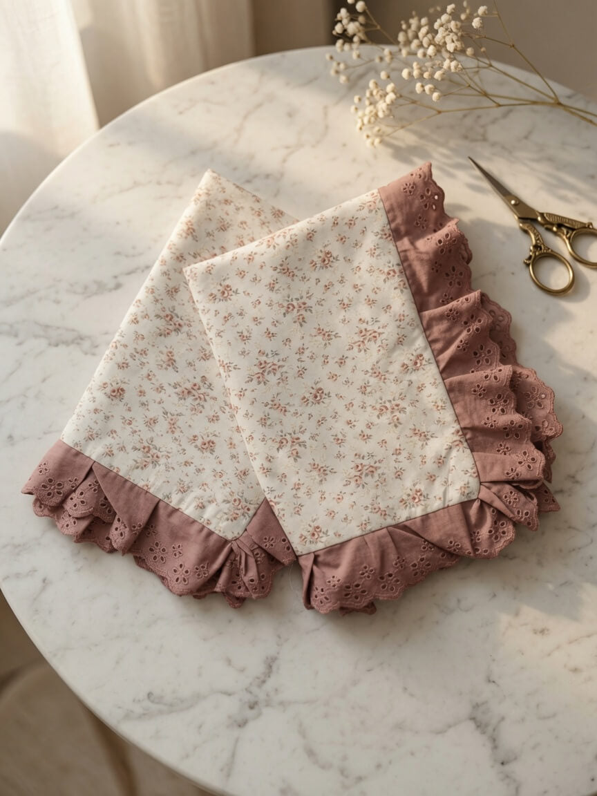 Zeren Threads Vintage Blush Floral Cotton King Size Bedsheet Set with Lace Border Pillow Covers
