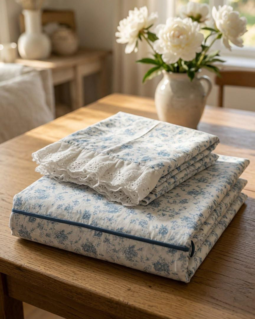 Blue Floral Printed King Size Bedsheet with Ruffle Border Pillow Covers