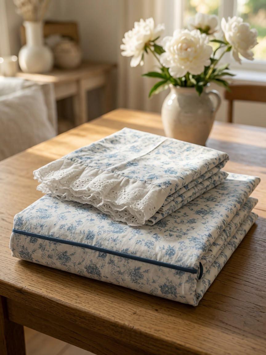Blue Floral Printed King Size Bedsheet with Ruffle Border Pillow Covers