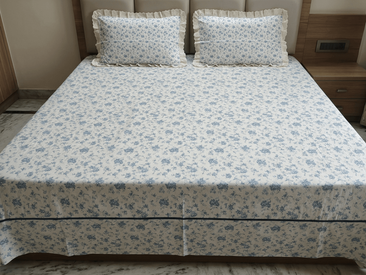 Blue Floral Printed King Size Bedsheet with Ruffle Border Pillow Covers