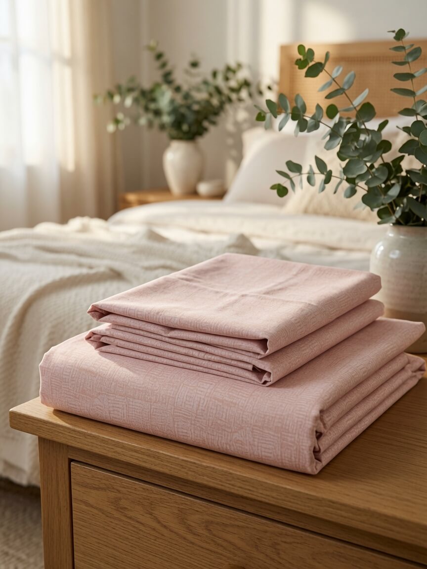 Zeren Threads King Size Blush Pink Cotton Bedsheet with Subtle Geometric Pattern