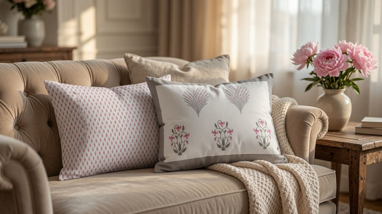 Zeren Threads Elegant Pink & Grey Botanical Design Floral Printed Cotton Single Bedsheet