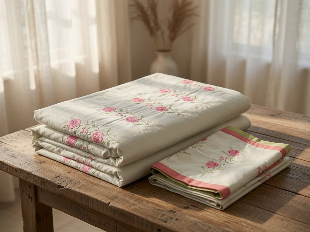 Zeren Threads Soft Pink & Green Embroidered Rose Floral King Size Cotton Bedsheet