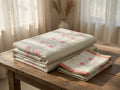 Zeren Threads Soft Pink & Green Embroidered Rose Floral King Size Cotton Bedsheet