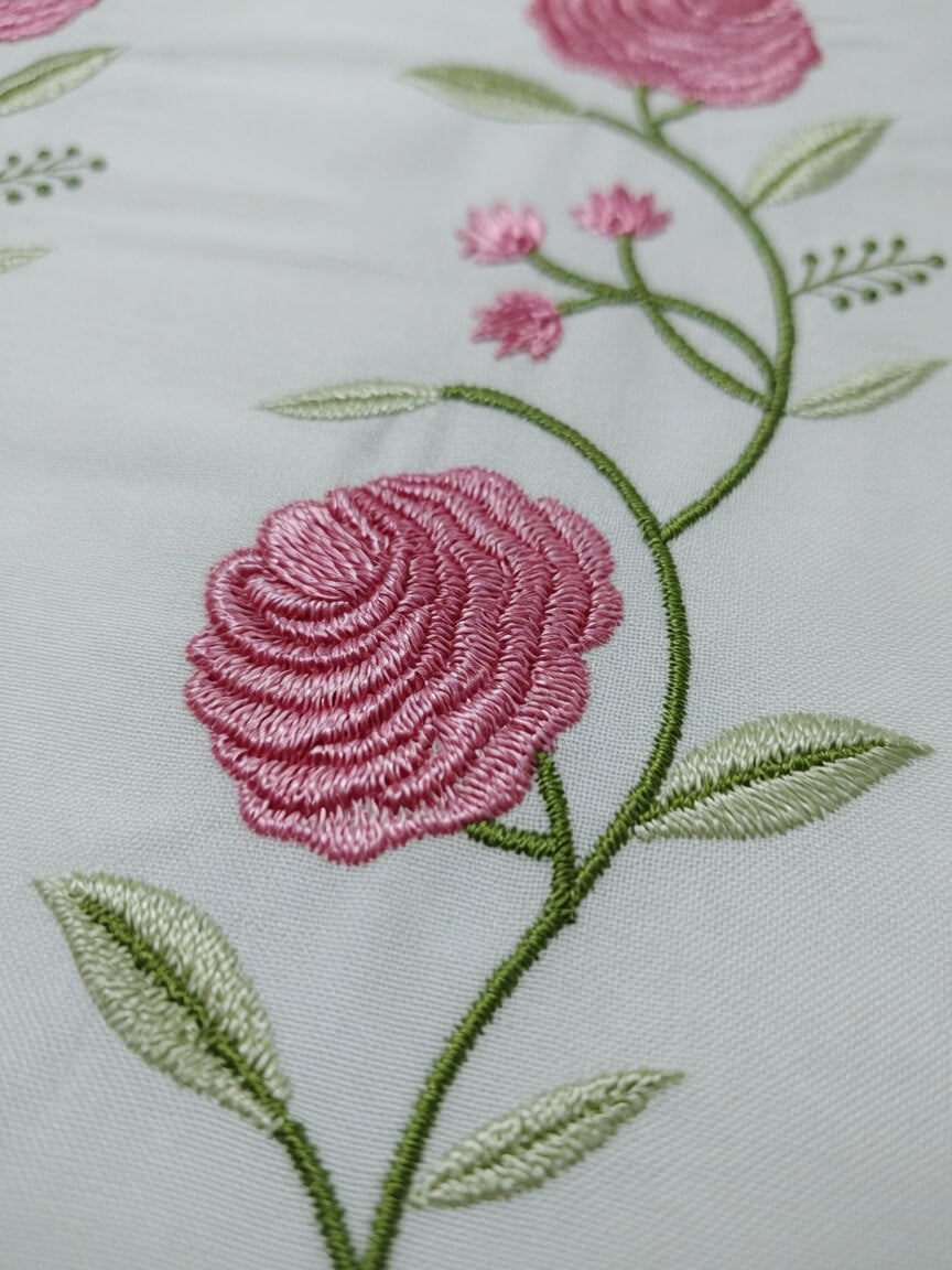 Zeren Threads Soft Pink & Green Embroidered Rose Floral King Size Cotton Bedsheet