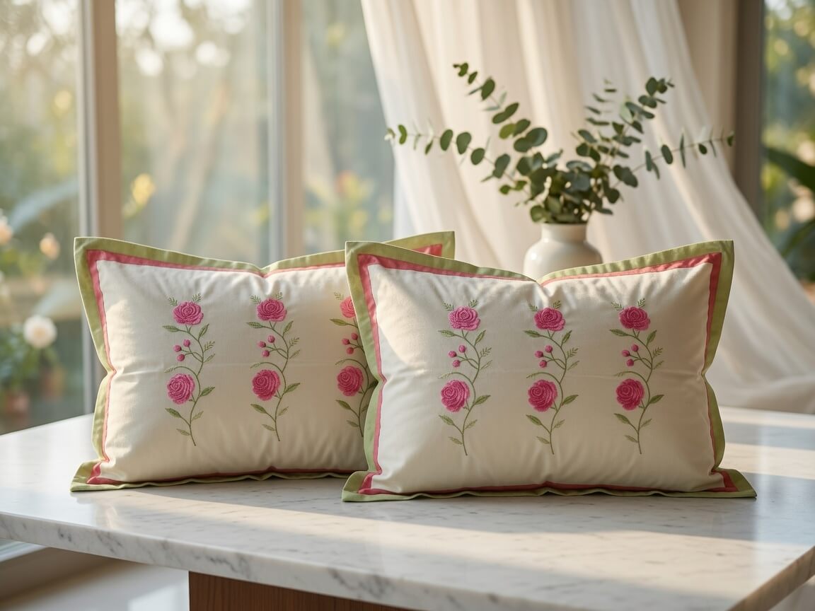 Zeren Threads Soft Pink & Green Embroidered Rose Floral King Size Cotton Bedsheet