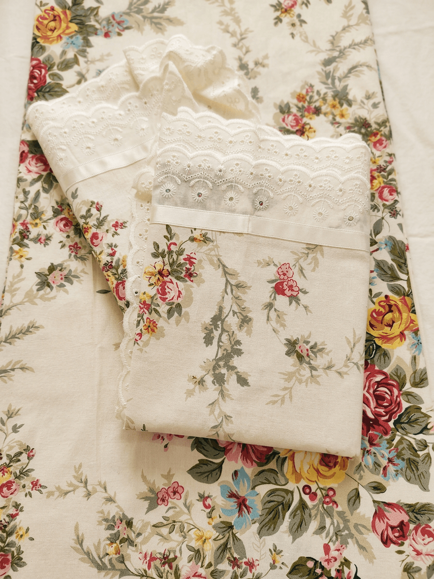 Zeren Threads Vintage Floral Cotton King Size Bedsheet Set with 2 Embroidered Lace Border Pillow Covers