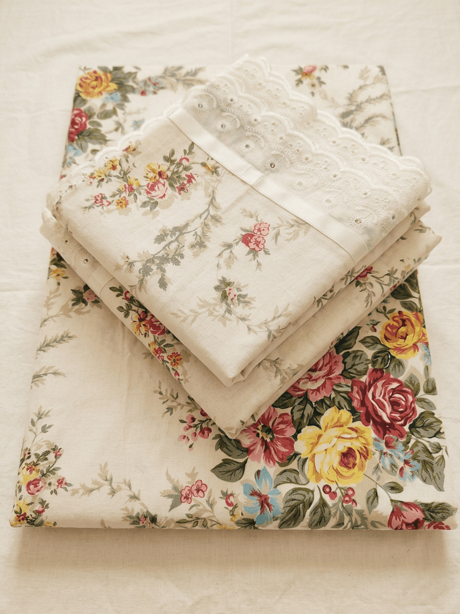 Zeren Threads Vintage Floral Cotton King Size Bedsheet Set with 2 Embroidered Lace Border Pillow Covers