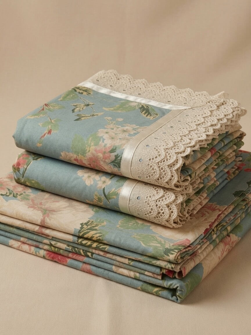 Zeren Threads Sky Blue Floral Cotton King Size Bedsheet Set with 2 Embroidered Lace Border Pillow Covers