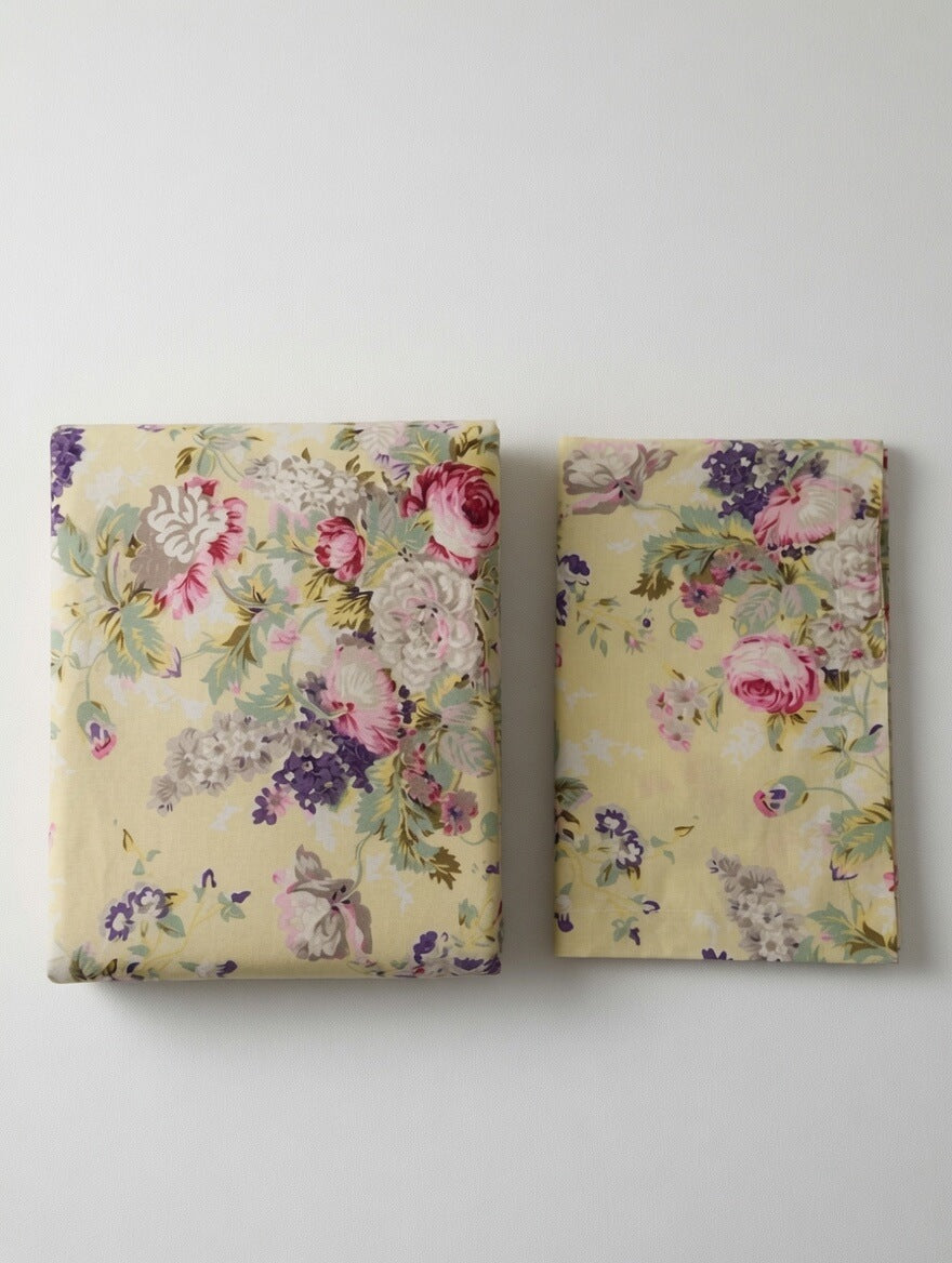 Zeren Threads Pastel Yellow Floral Cotton King Size Fitted Bedsheet Set with 2 Pillow Covers