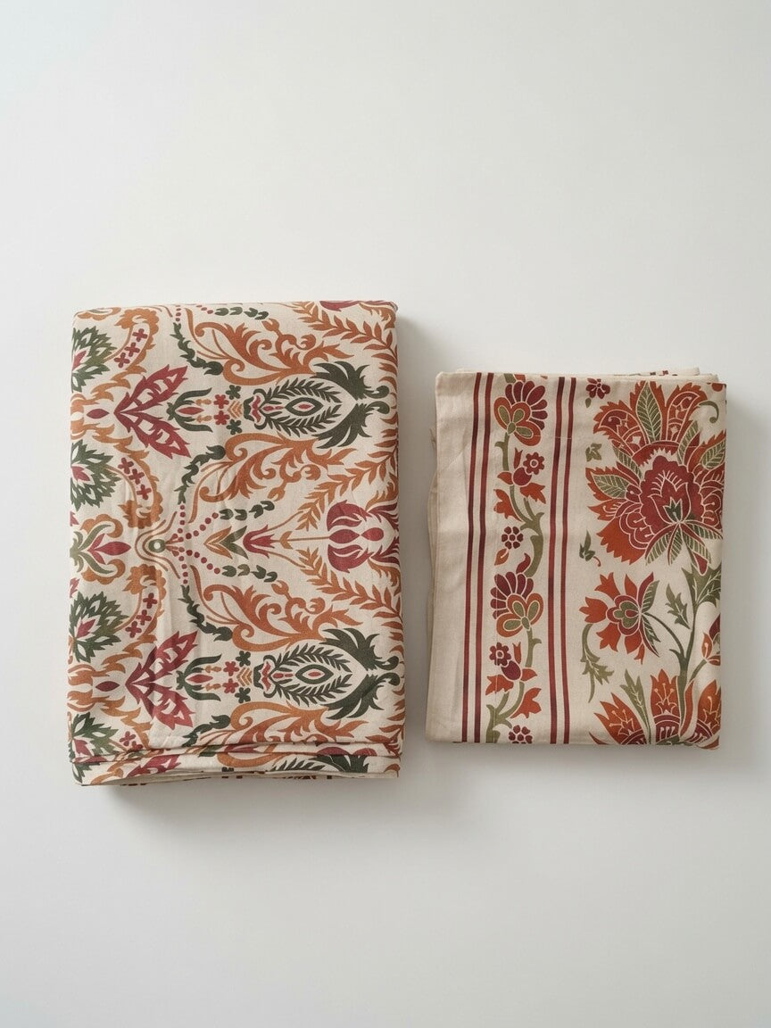 Zeren Threads Heritage Floral Cotton Feel King Size Bedsheet Set | Soft Cotton | Traditional Block Print Design