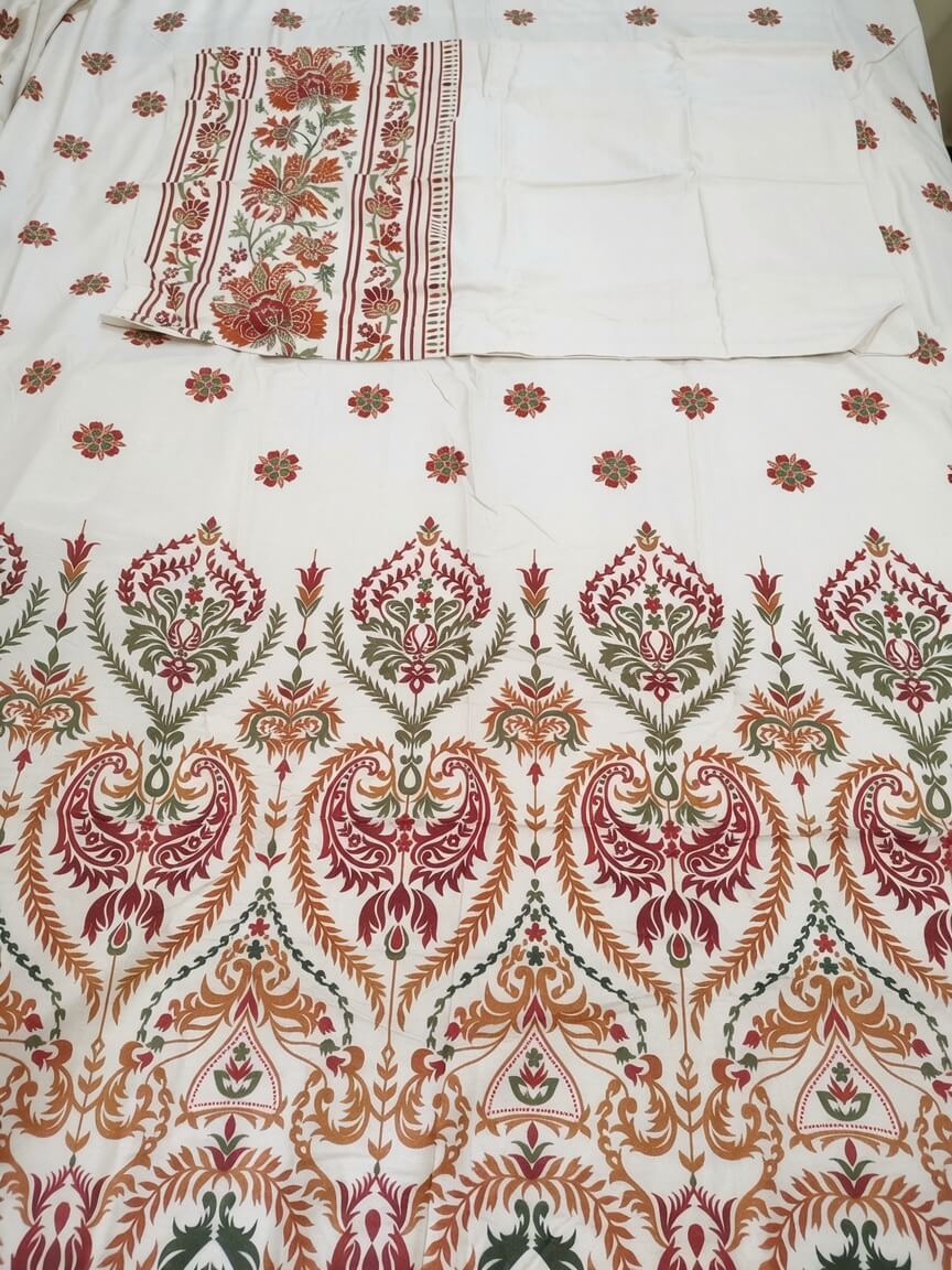 Zeren Threads Heritage Floral Cotton Feel King Size Bedsheet Set | Soft Cotton | Traditional Block Print Design