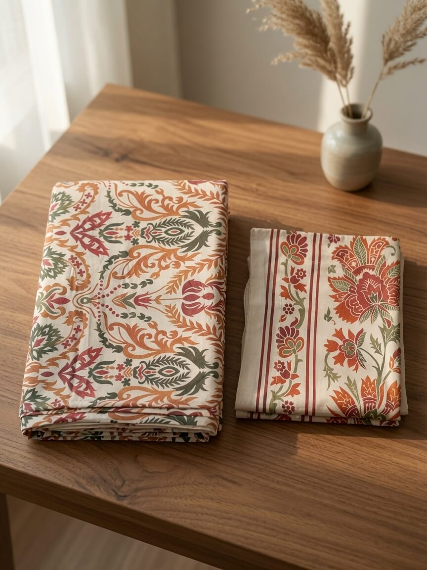 Zeren Threads Heritage Floral Cotton Feel King Size Bedsheet Set - Soft Cotton - Traditional Block Print Design