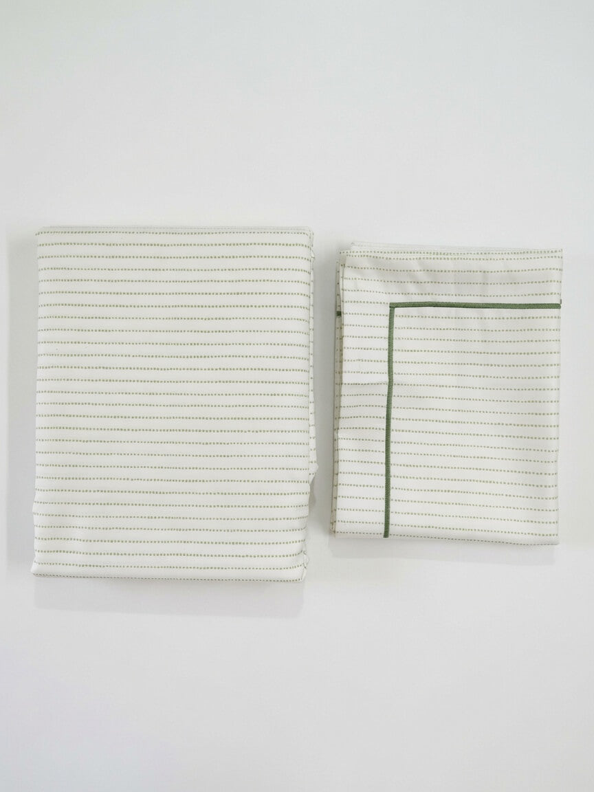 Zeren Threads Minimalist Striped White & Olive Green King Size Bedsheet Set