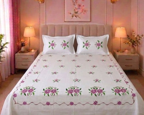 Floral Embroidered Cotton Bedsheet Set with 2 Pillow covers