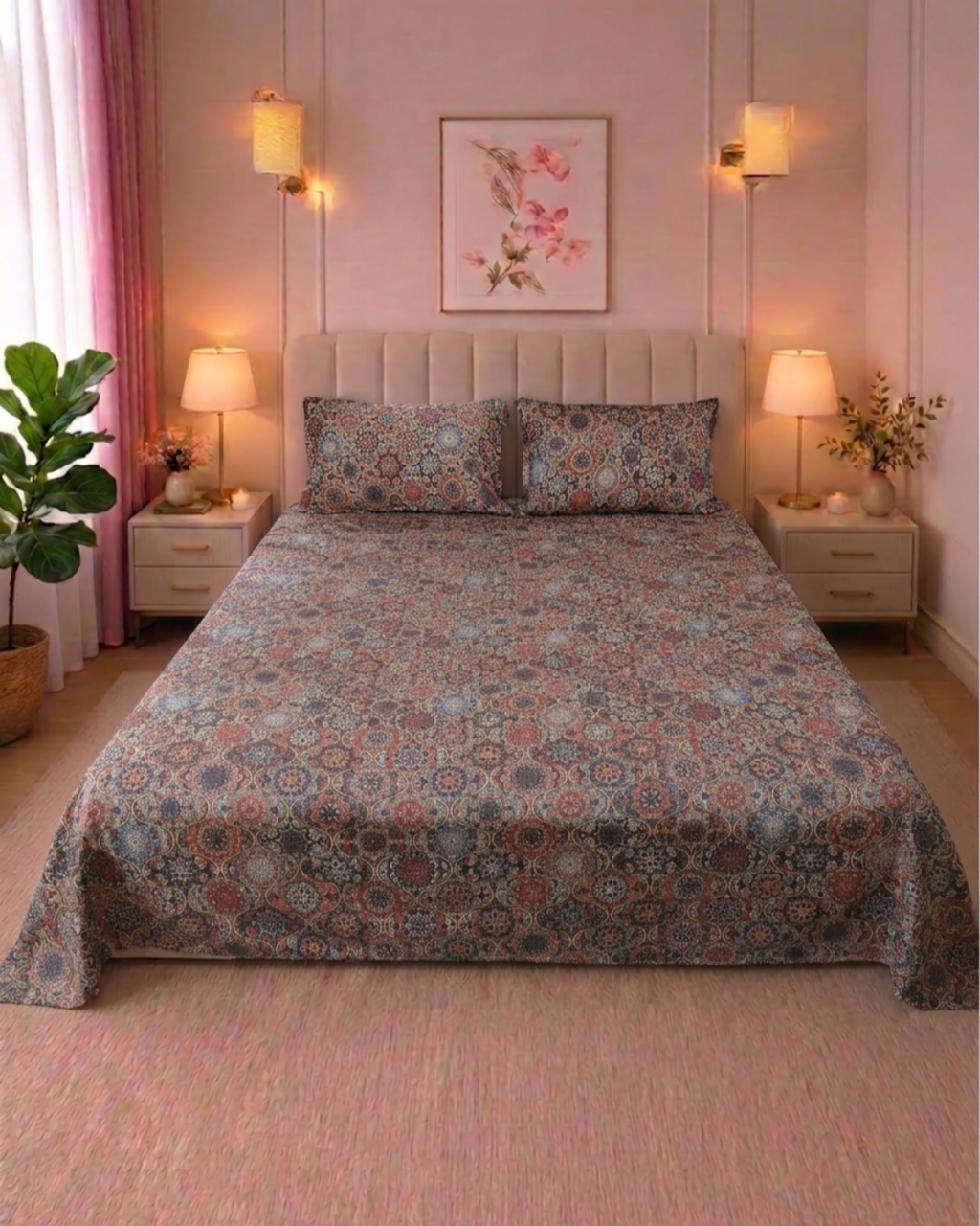 Vintage Mughal Sateen Cotton King Size Bedsheet with 2 Pillow Covers