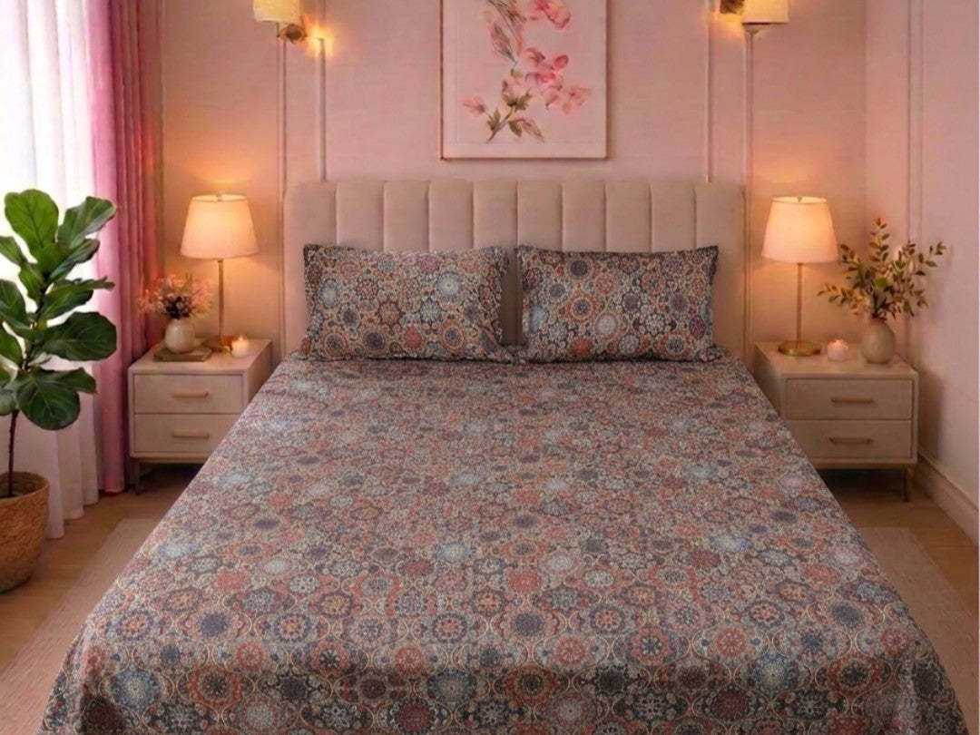Vintage Mughal Sateen Cotton King Size Bedsheet with 2 Pillow Covers