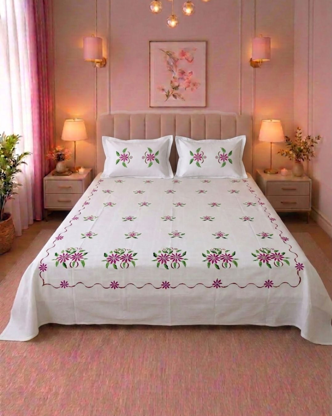 Floral Embroidered Cotton Bedsheet Set with 2 Pillow covers