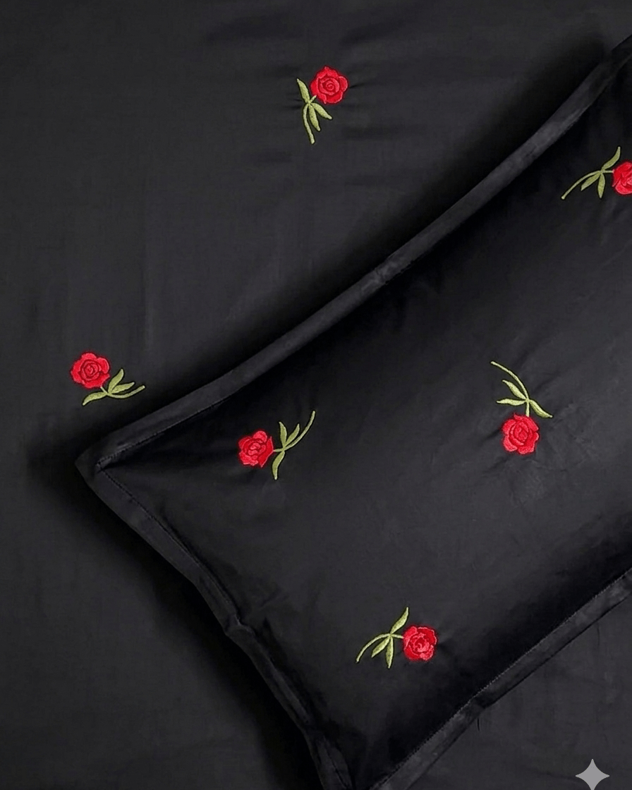 Midnight Rose Classic Black Satin Cotton Bed sheet with 2 Pillow Covers