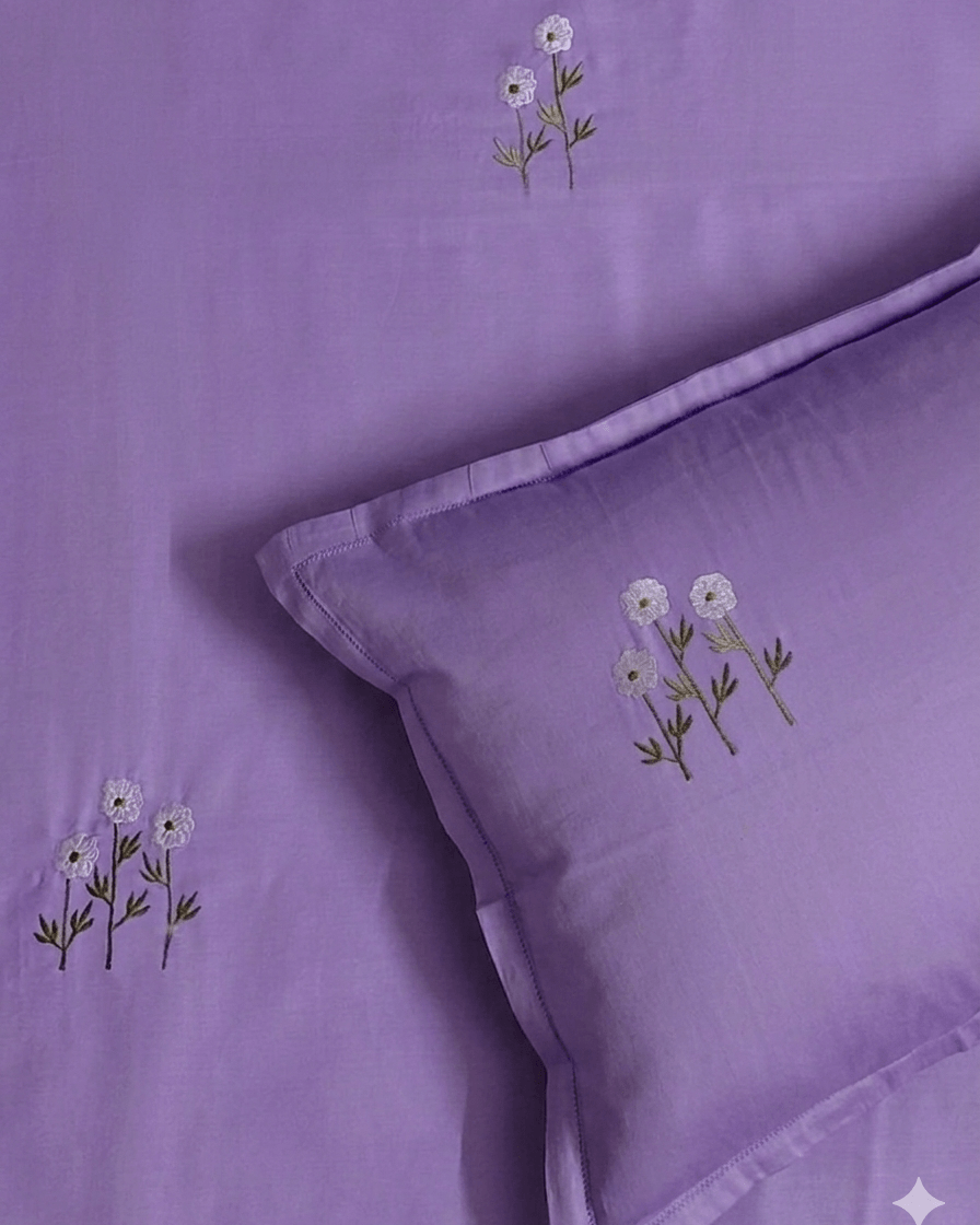 Lavender Bloom Satin Cotton Bed sheet with 2 Pillow Covers