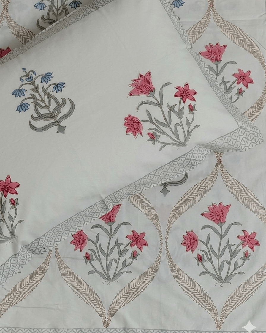 Floral Hand Block Percale Cotton King Size Bedsheet with 2 Pillow Covers