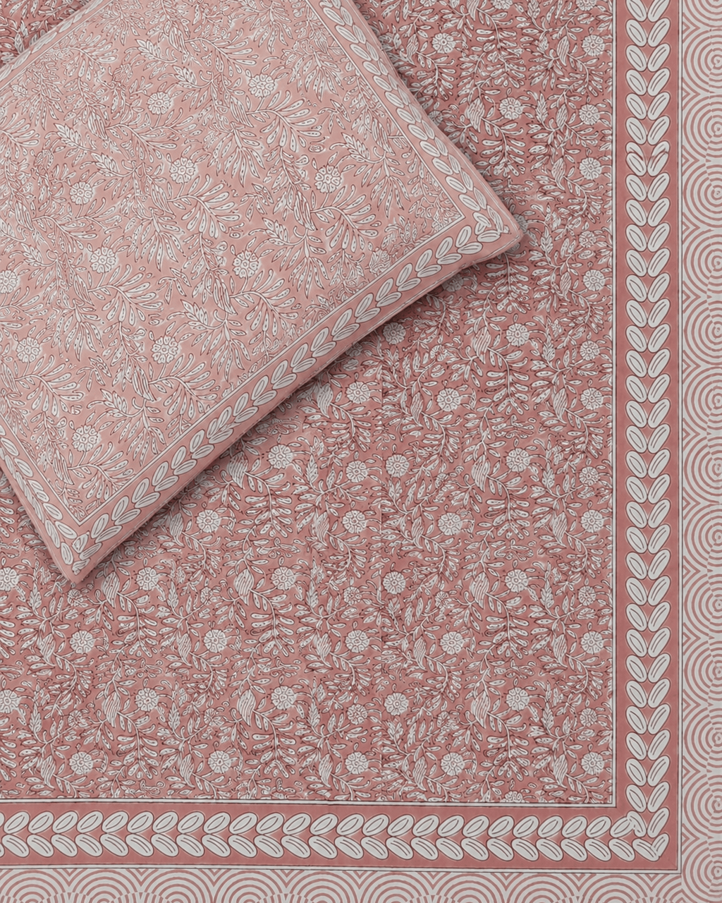 Blush Pink Hand block Percale Cotton King Size Bedsheet with 2 Pillow Covers
