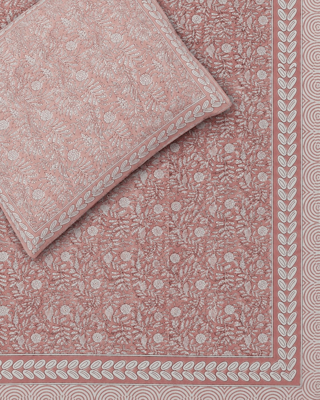 Blush Pink Hand block Percale Cotton King Size Bedsheet with 2 Pillow Covers