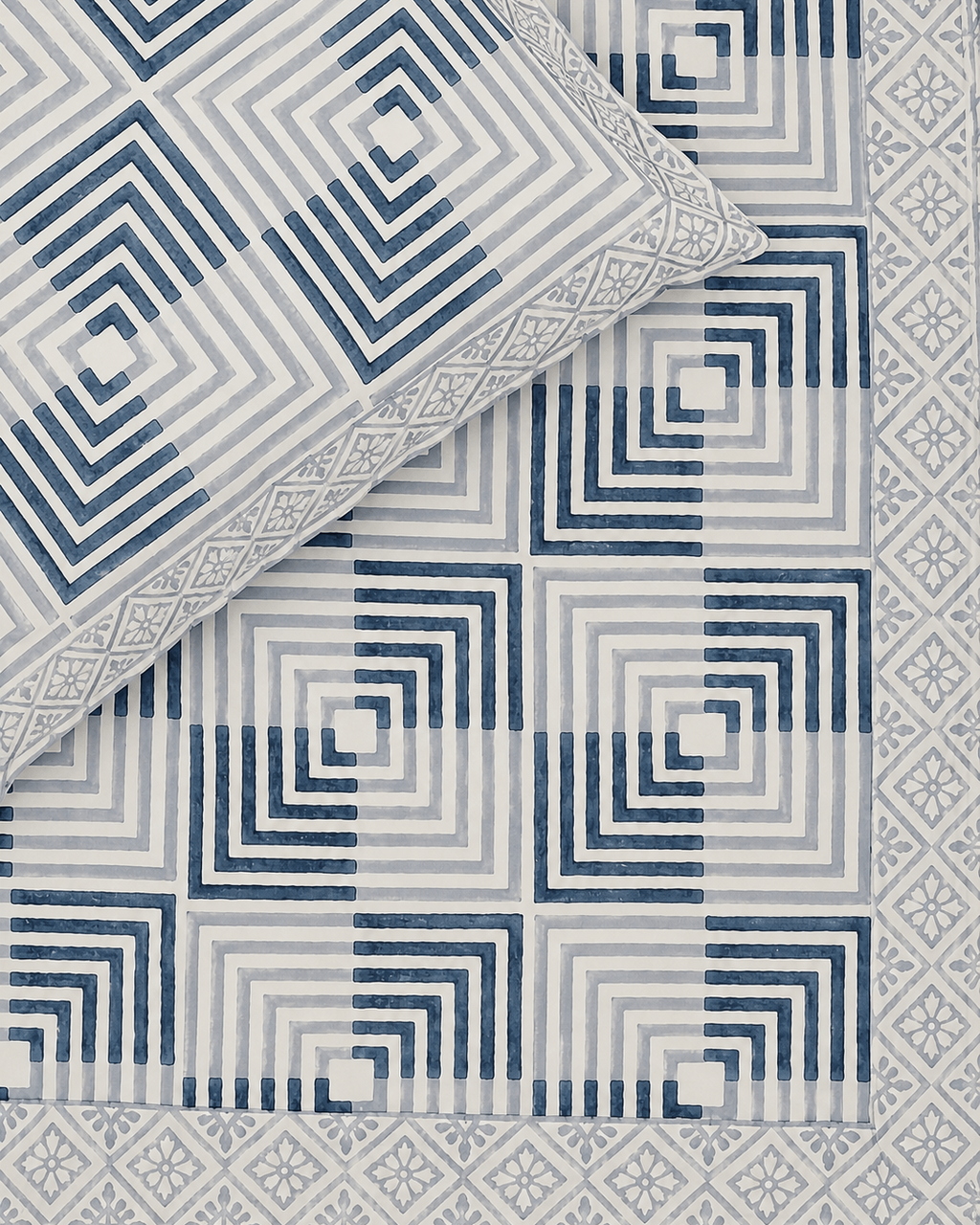 Blue Geometric Hand block Cambric Cotton Bedsheet with 2 Pillow Covers