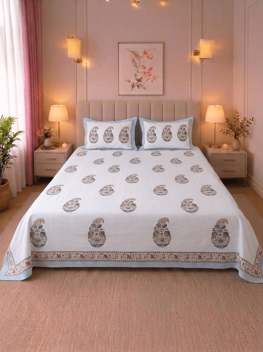 Pastel Paisley Hand block Cambric Cotton King Size Bedsheet with 2 Pillow Covers
