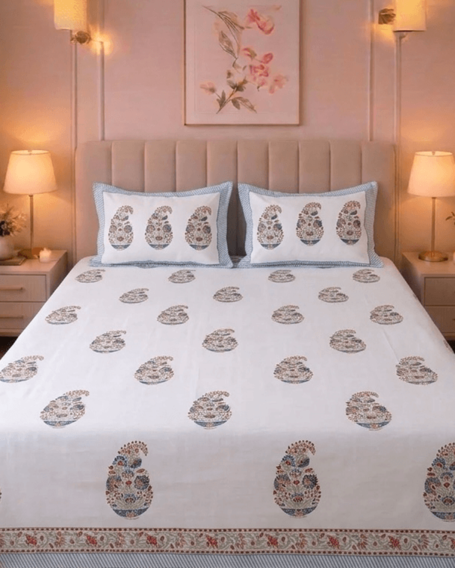 Pastel Paisley Hand block Cambric Cotton King Size Bedsheet with 2 Pillow Covers