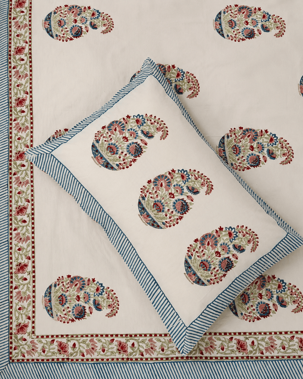 Pastel Paisley Hand block Cambric Cotton King Size Bedsheet with 2 Pillow Covers