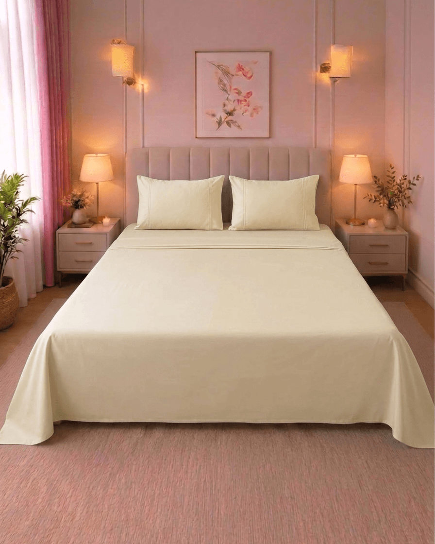 Beige Satin Cotton Solid Bed Sheet with Embroidered Pillow Covers