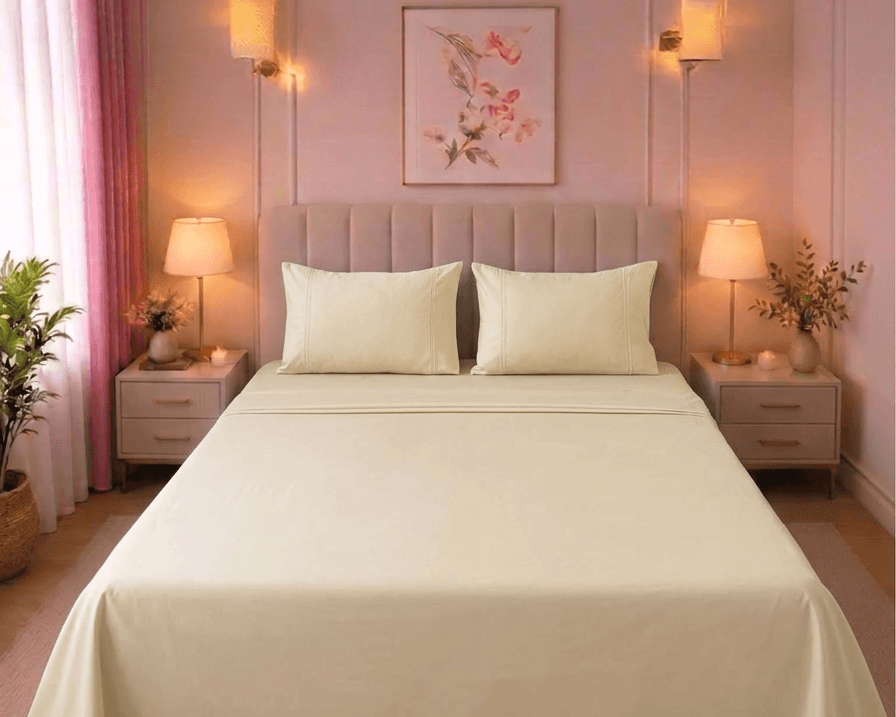 Beige Satin Cotton Solid Bed Sheet with Embroidered Pillow Covers