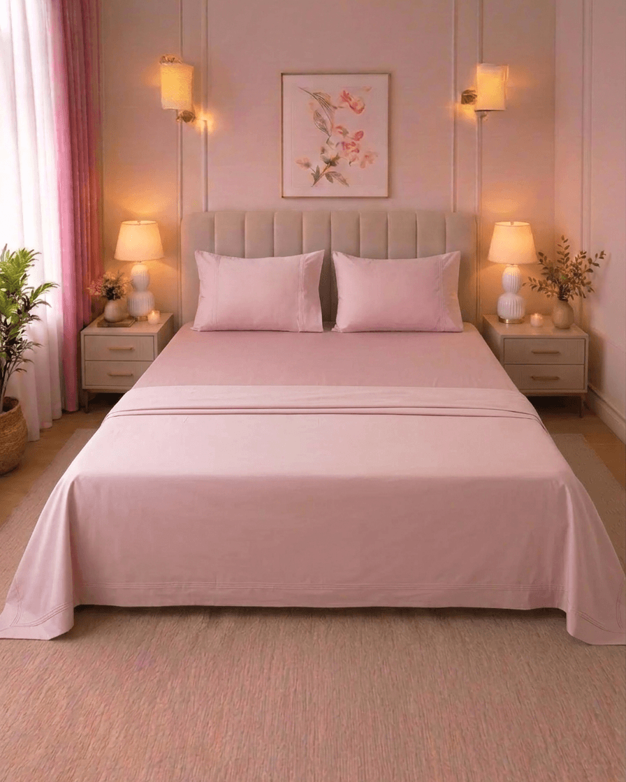 Blush Pink Satin Cotton Solid Bed sheet with Embroidered Pillow Covers