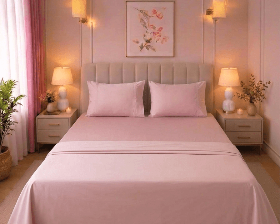 Blush Pink Satin Cotton Solid Bed sheet with Embroidered Pillow Covers