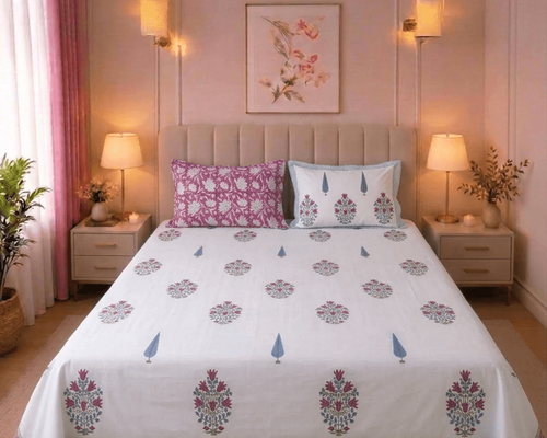 Floral Bouquet Butas Cambric Cotton Hand Block Printed Bedsheet