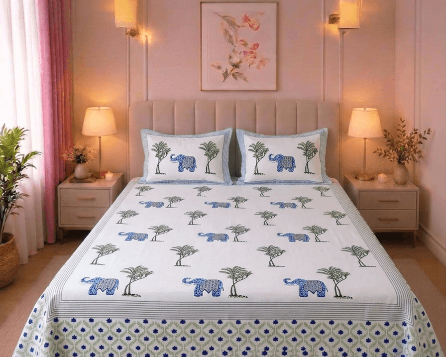 Royal Elephant Cambric Cotton Hand Block Printed Bedsheet