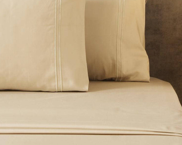 Beige Satin Cotton Solid Bed Sheet with Embroidered Pillow Covers