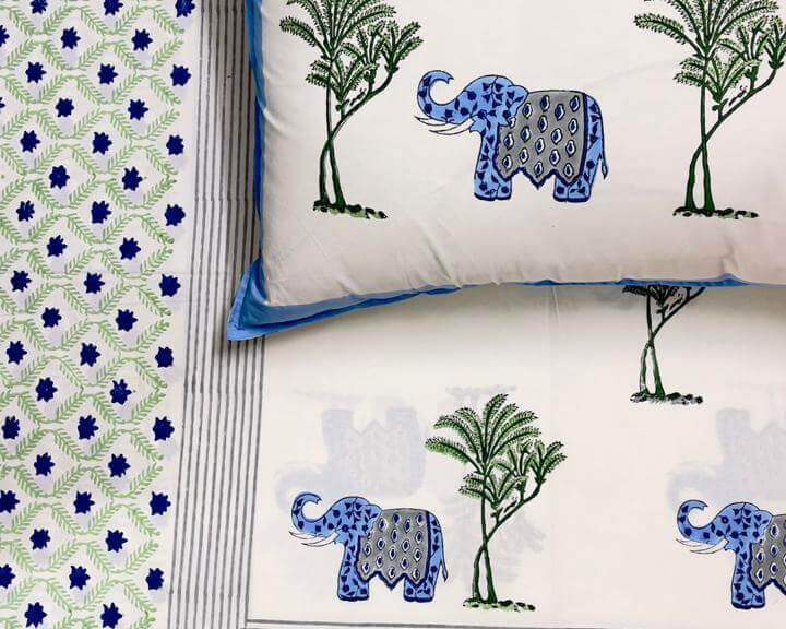 Royal Elephant Cambric Cotton Hand Block Printed Bedsheet