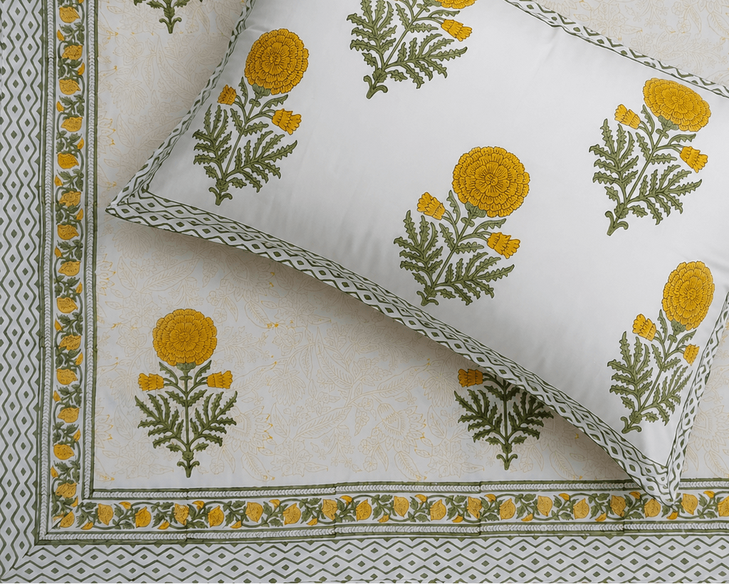 Mustard Floral Hand block Cambric Cotton King Size Bedsheet with 2 Pillow Covers