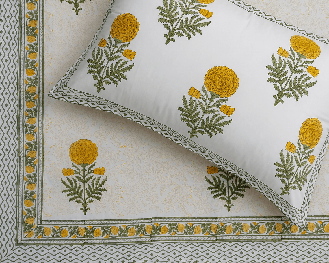 Mustard Floral Hand block Cambric Cotton King Size Bedsheet with 2 Pillow Covers