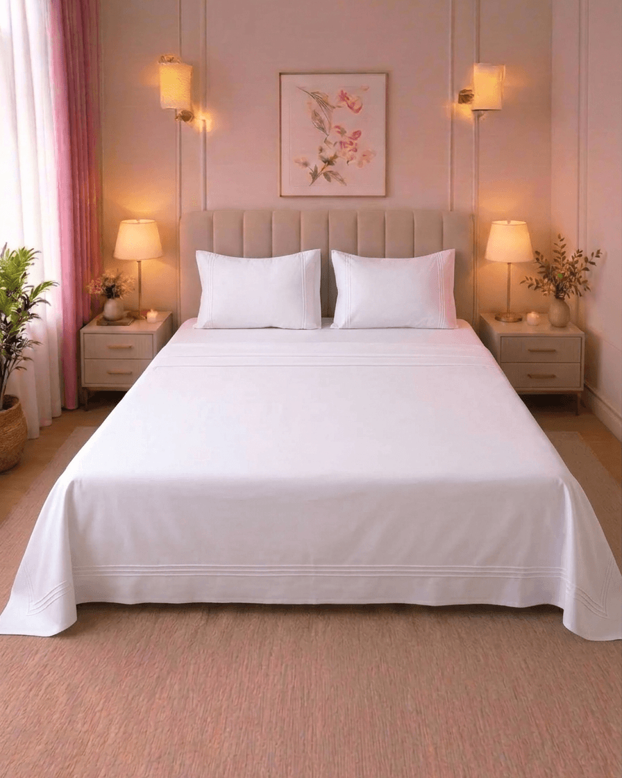 White Satin Cotton Solid Bed sheet with Embroidered Pillow Covers