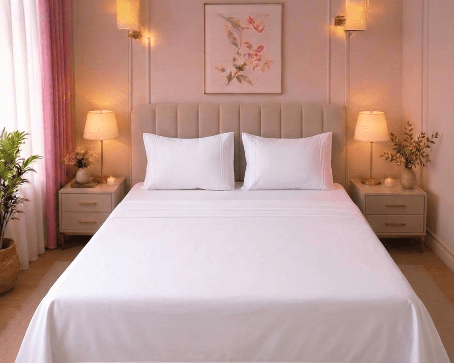 White Satin Cotton Solid Bed sheet with Embroidered Pillow Covers