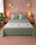 Sage Green 400 TC Percale Cotton Bedsheet with Embroidered Maple Leaf Motifs